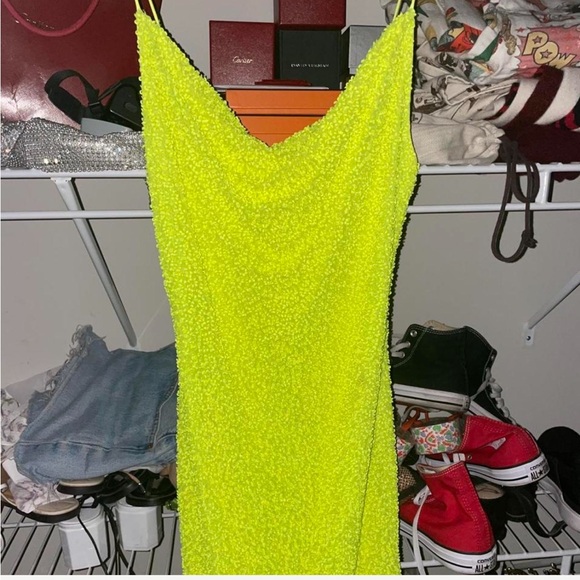 Alice + Olivia Harmie Sequin Neon Yellow Dress 4 - Picture 3 of 4